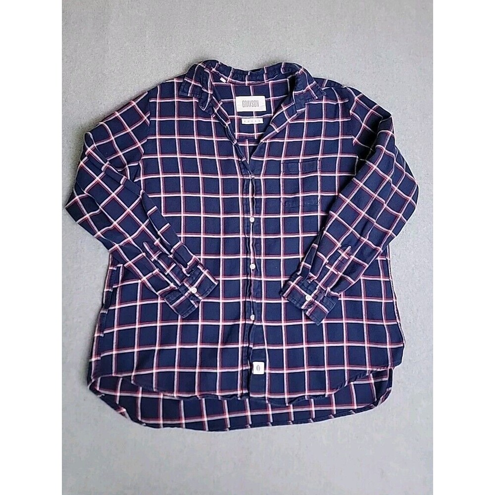 Grayson The Hero Shirt Womens 05 XL Navy Blue Red Plaid Cotton Button Down Top
